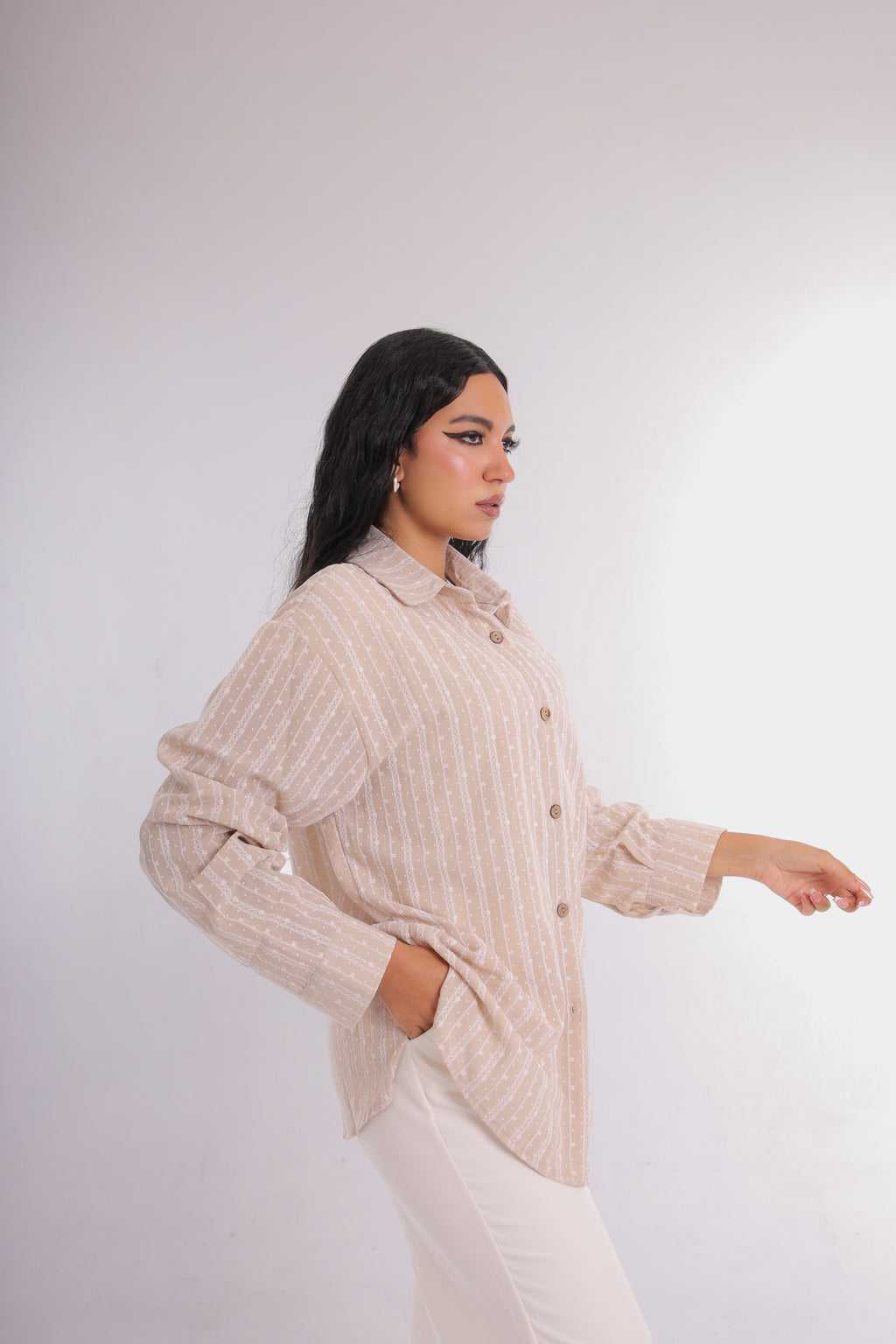 Printed Linen Long Shirt (beige)