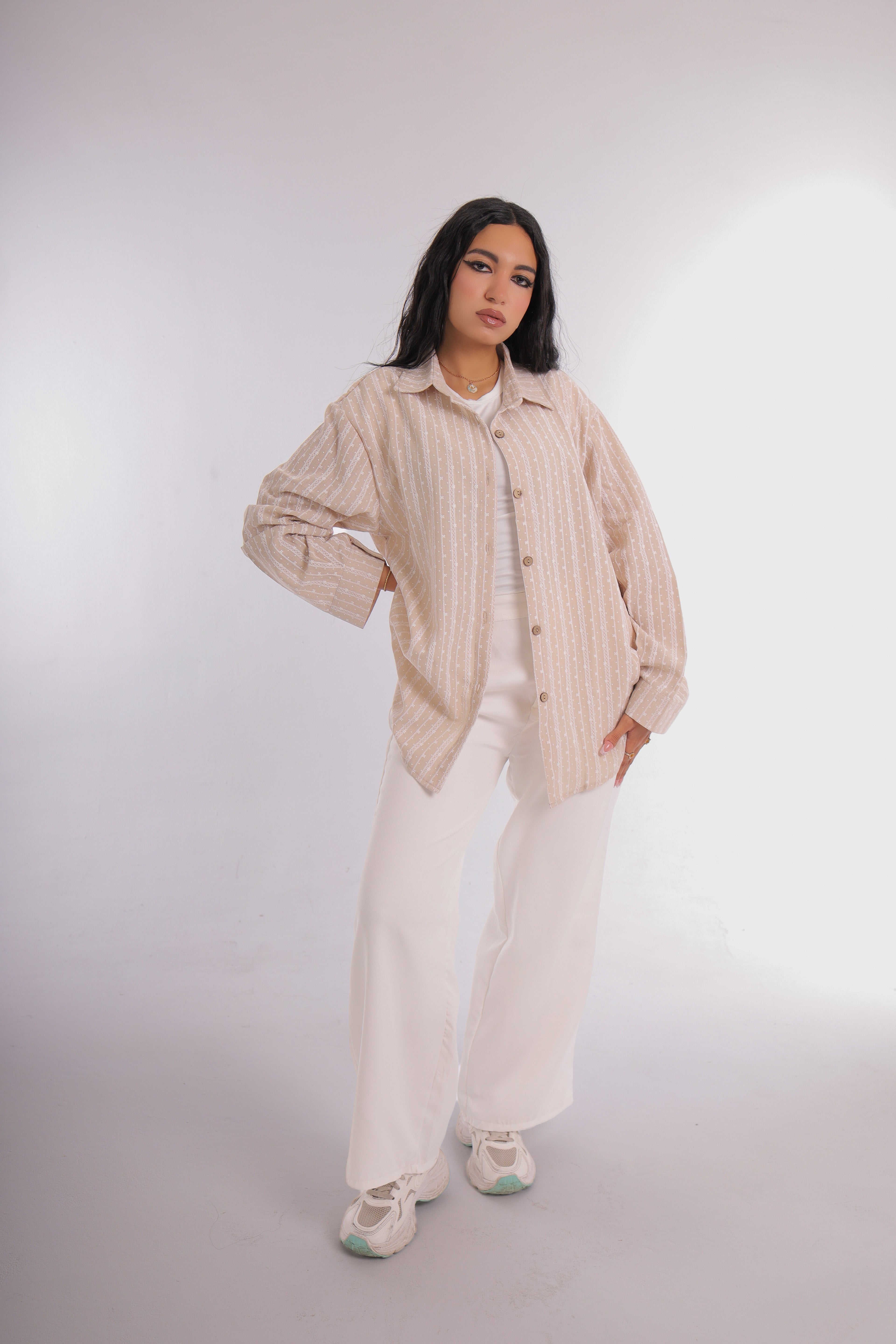 Printed Linen Long Shirt (beige)