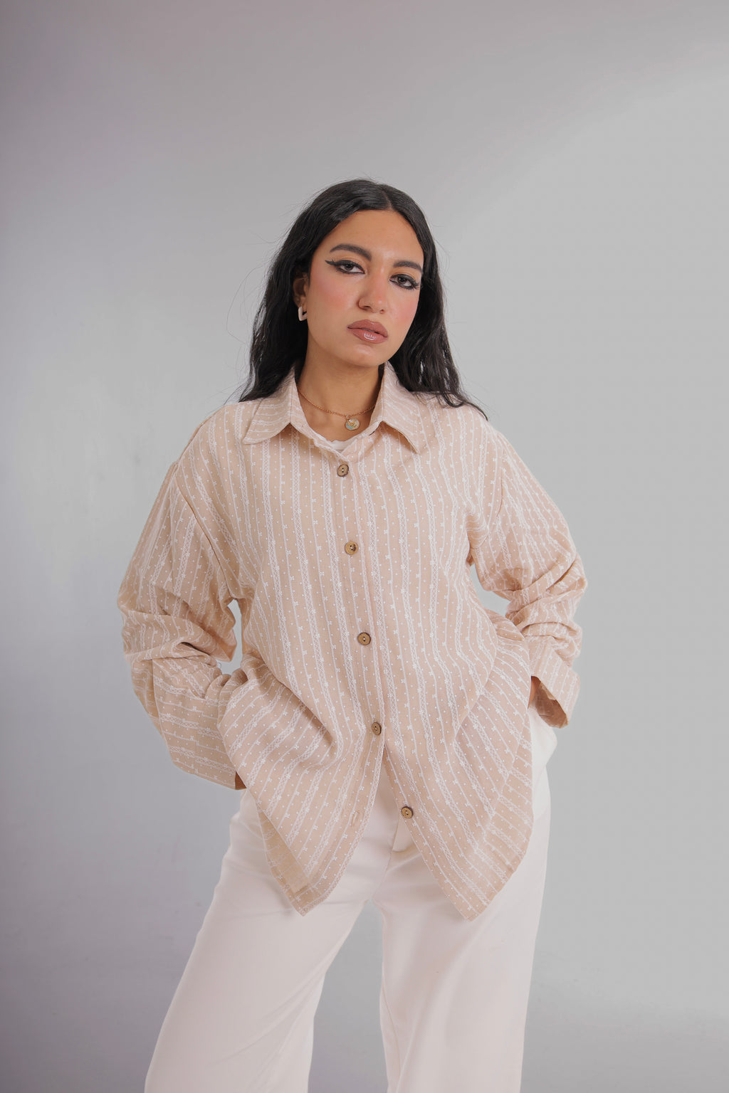 Printed Linen Long Shirt (beige)
