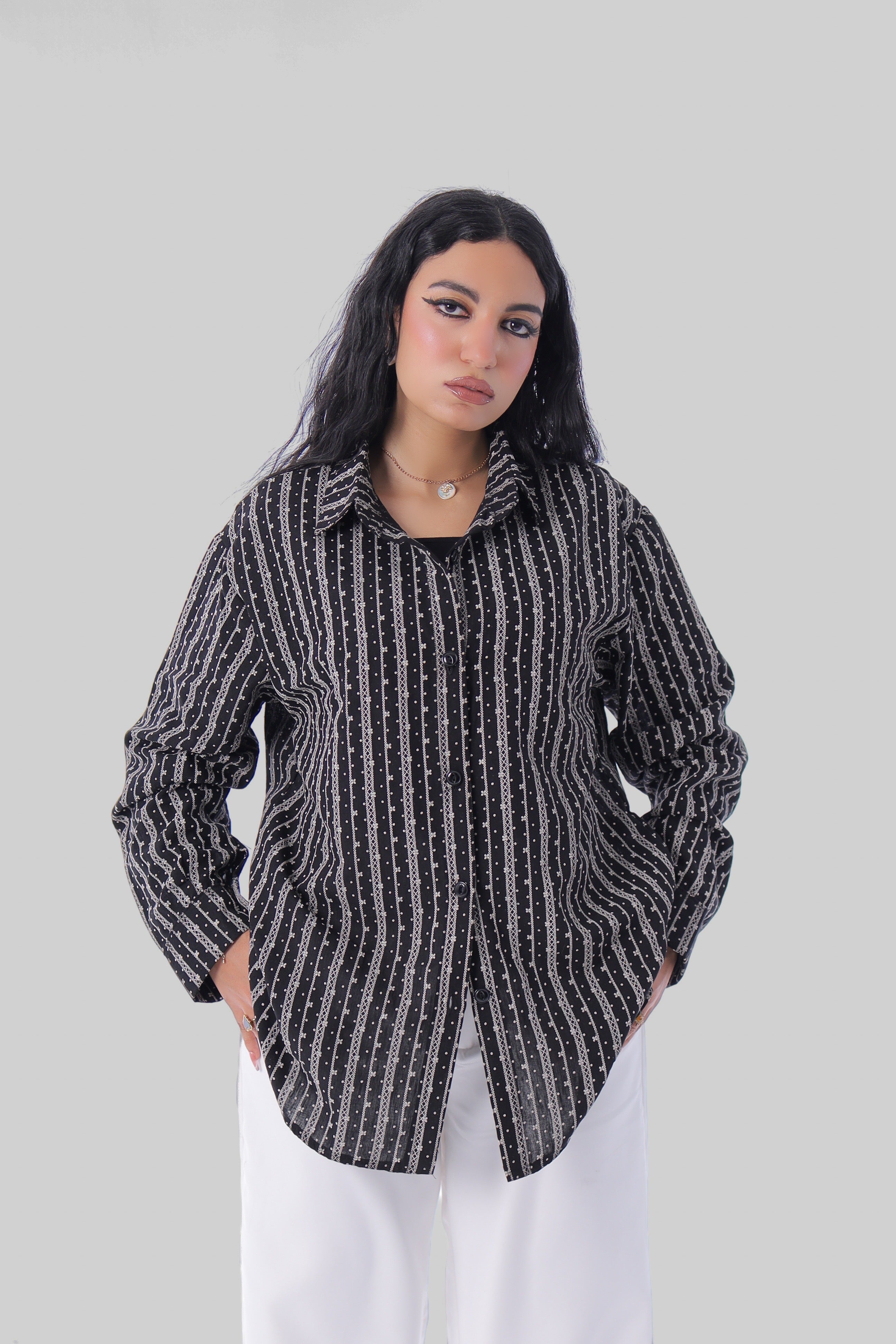 Printed Linen Long Shirt (Black)