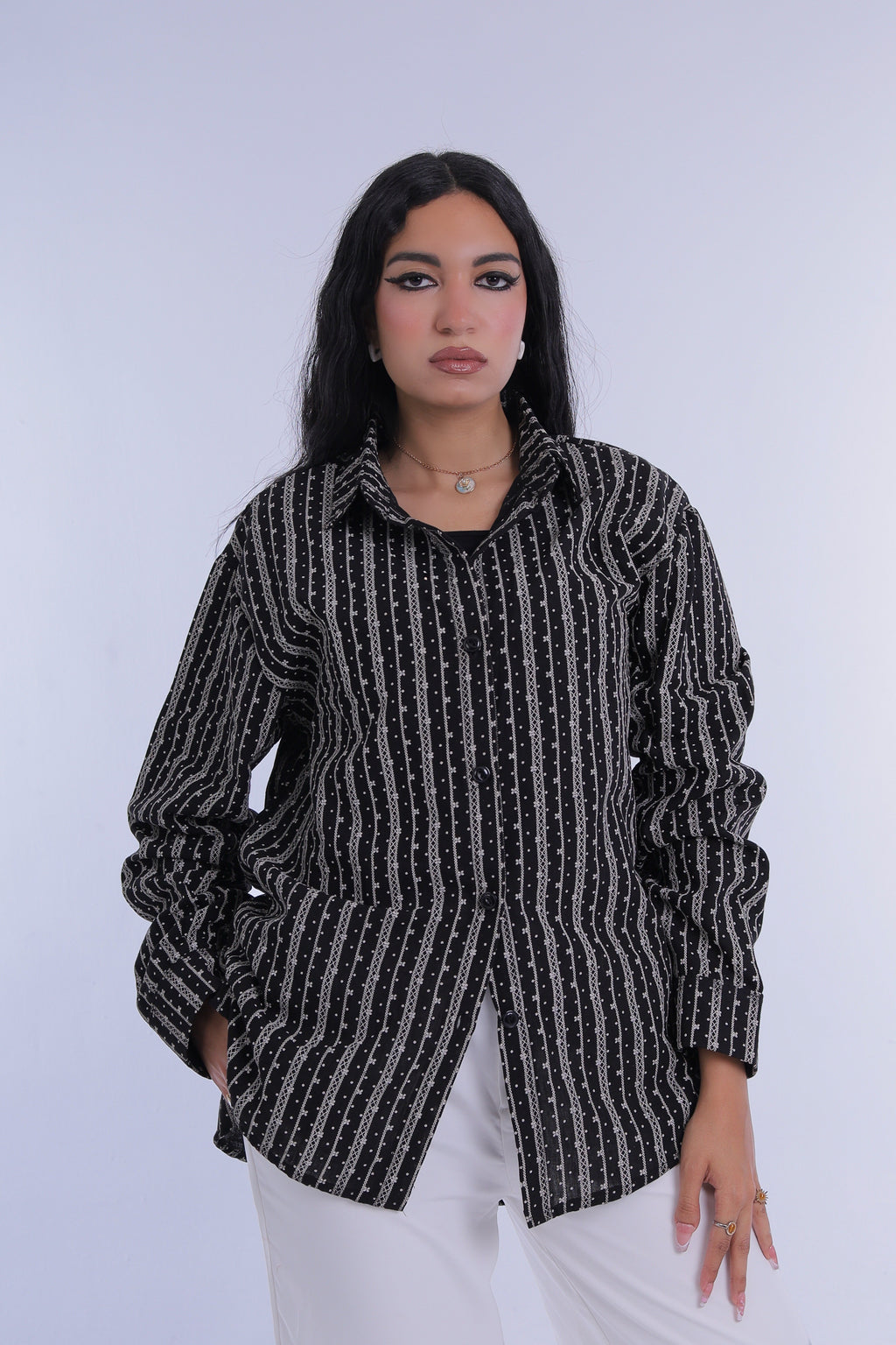 Printed Linen Long Shirt (Black)