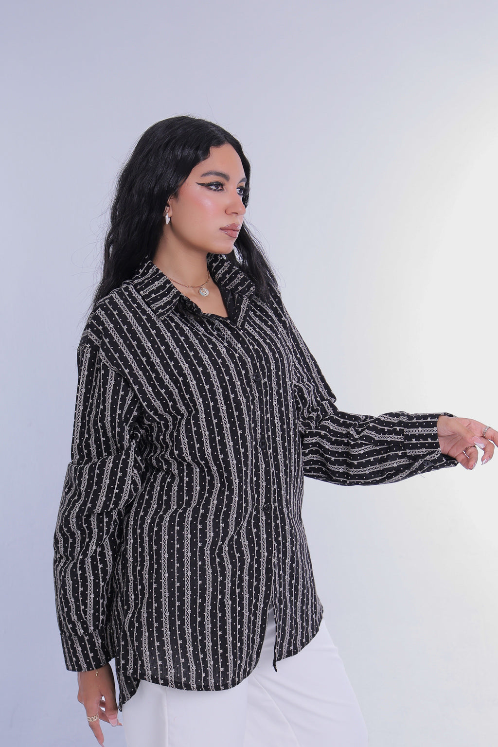 Printed Linen Long Shirt (Black)