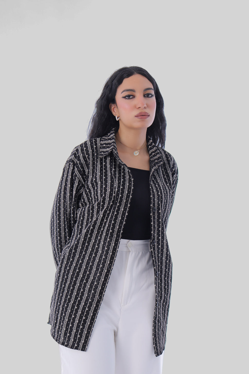 Printed Linen Long Shirt (Black)