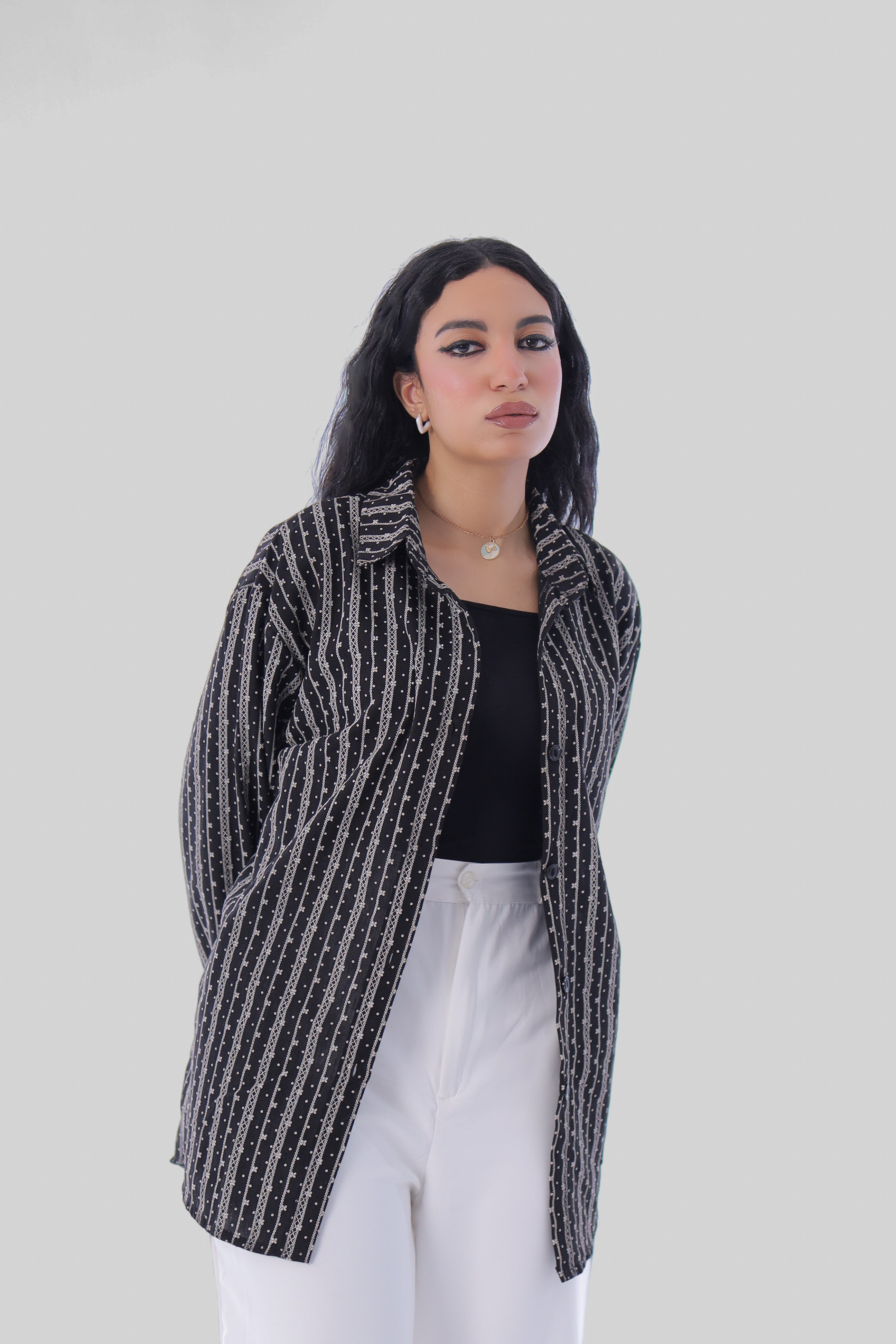 Printed Linen Long Shirt (Black)
