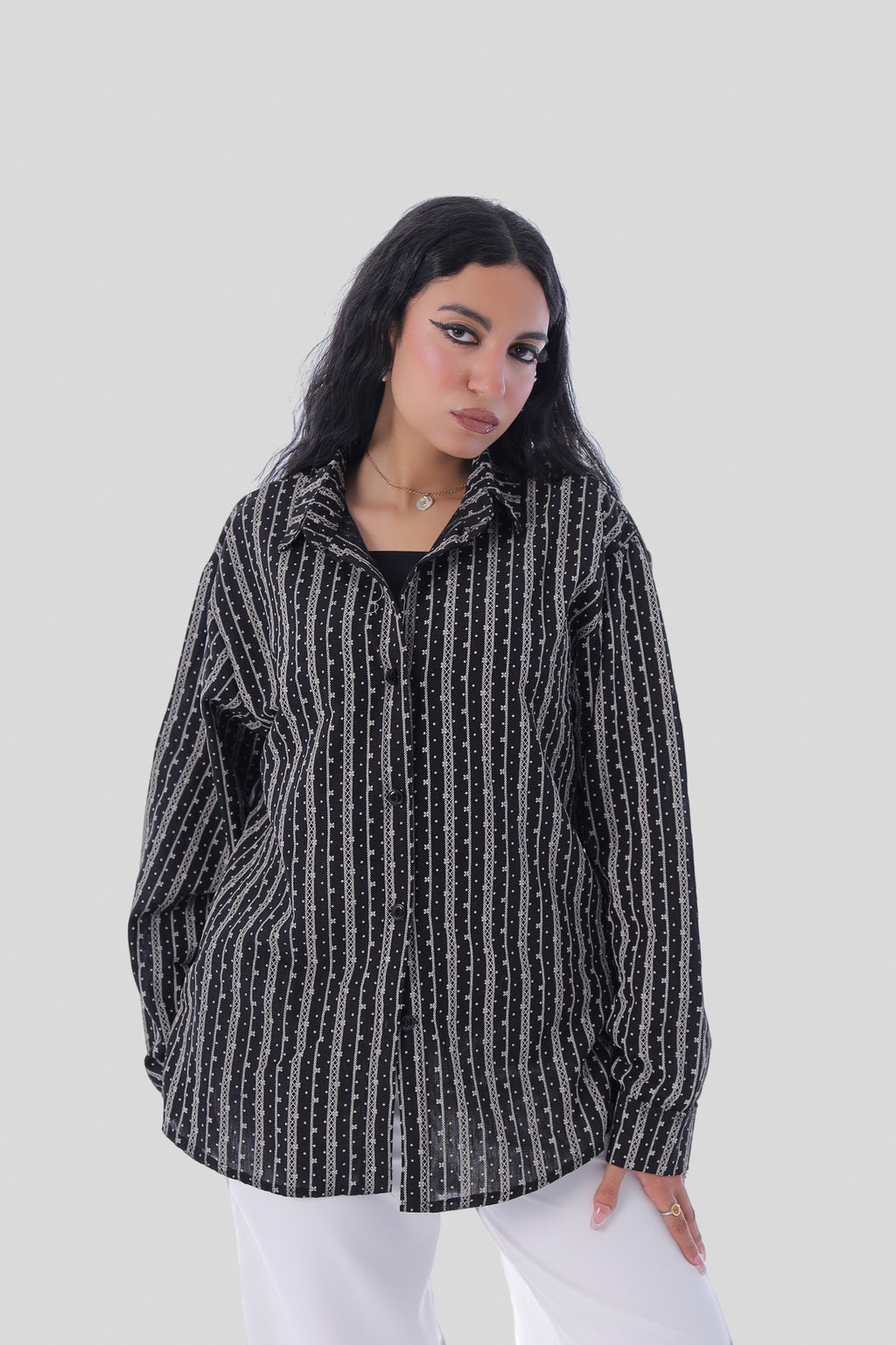 Printed Linen Long Shirt (Black)