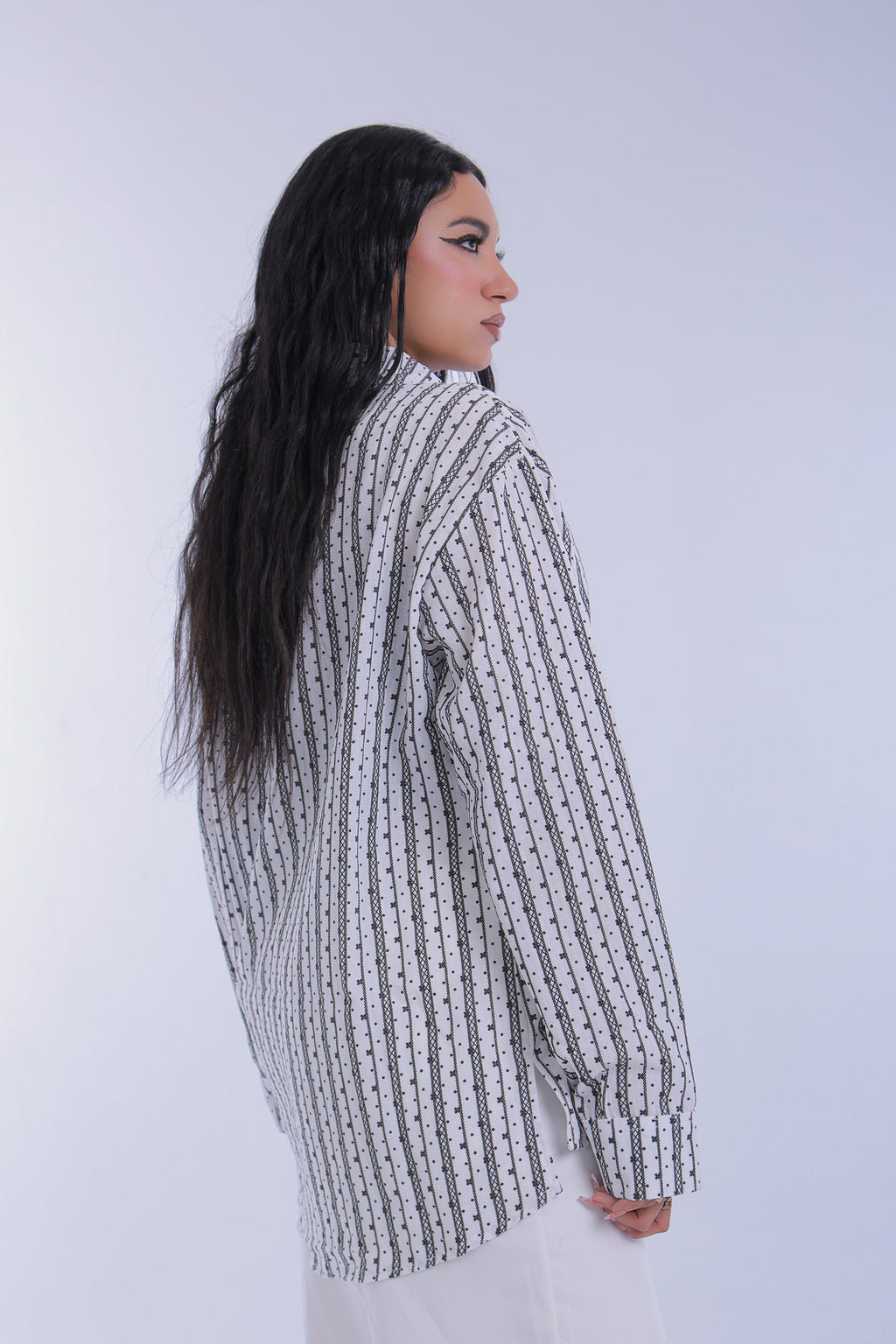 Printed Linen Long Shirt (White)