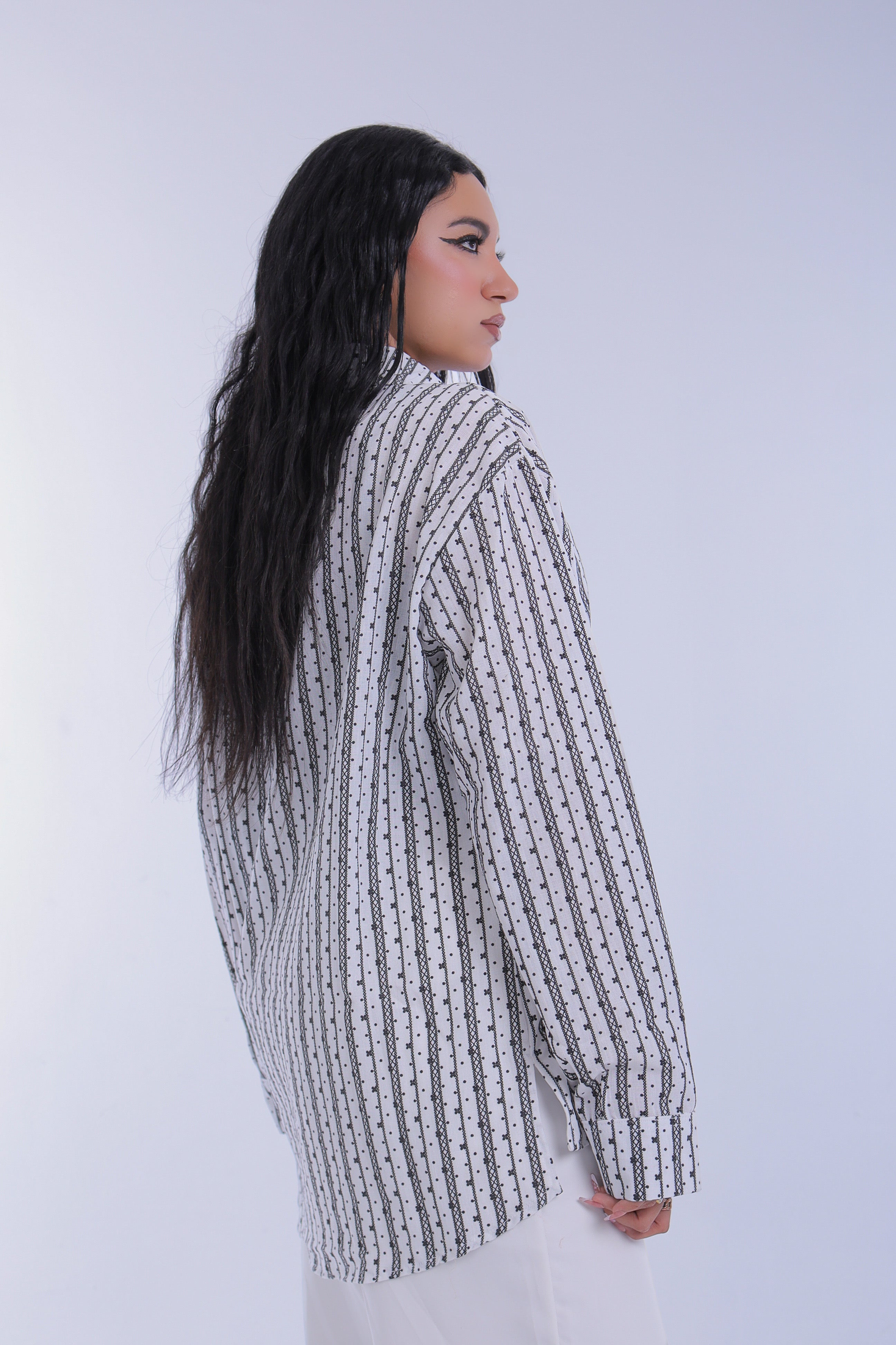 Printed Linen Long Shirt (White)