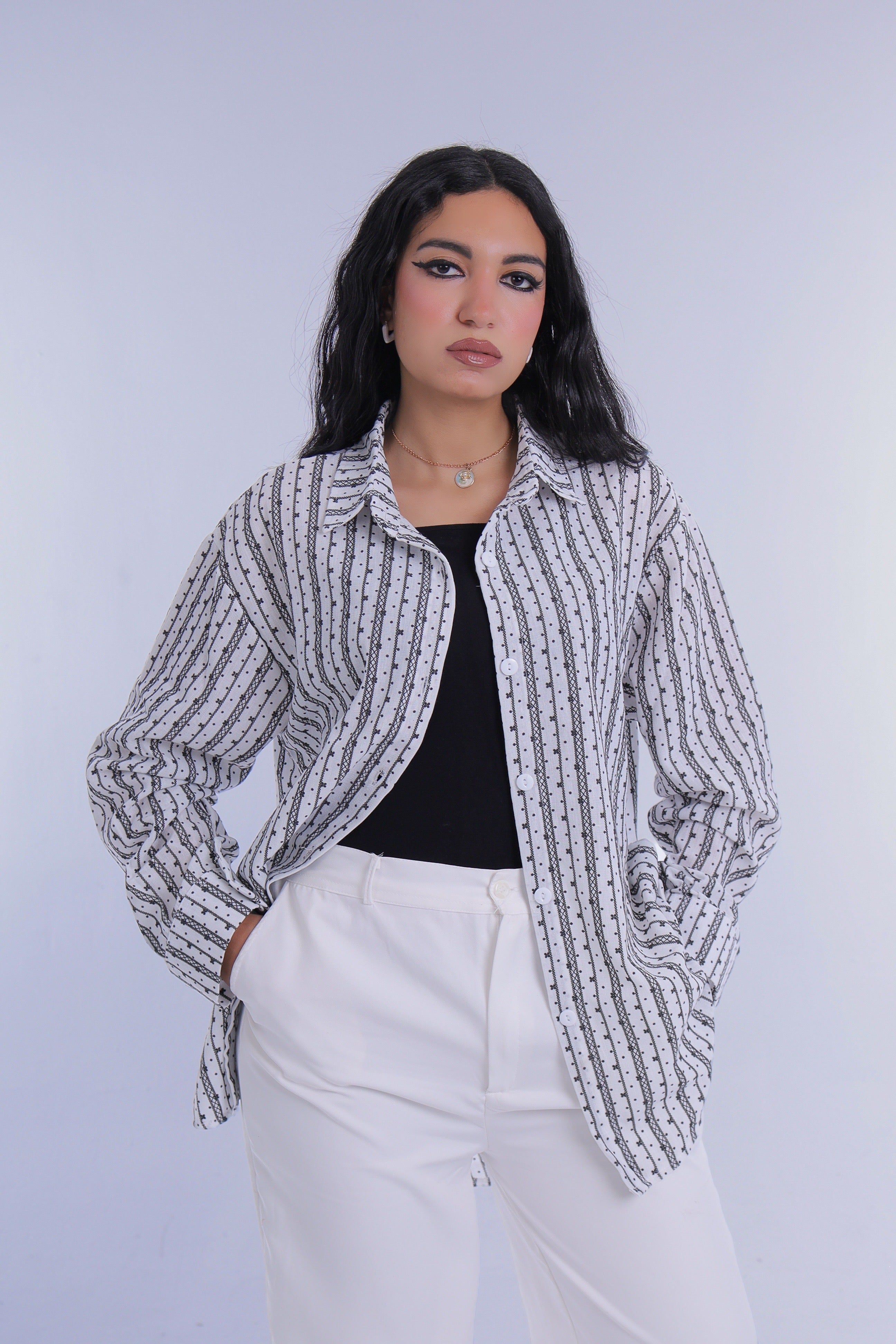 Printed Linen Long Shirt (White)