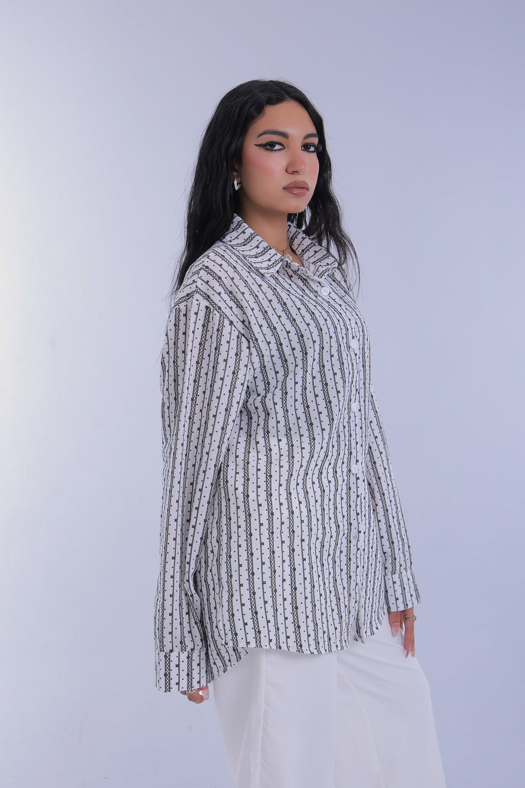 Printed Linen Long Shirt (White)